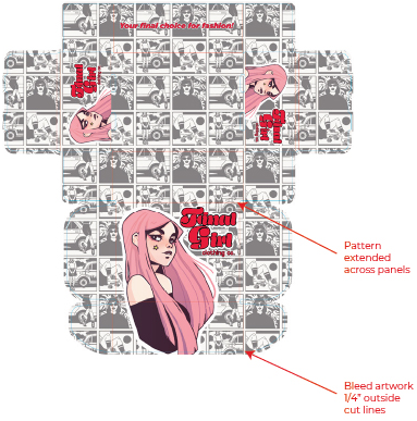 Box dieline with artwork and pattern extending across panels